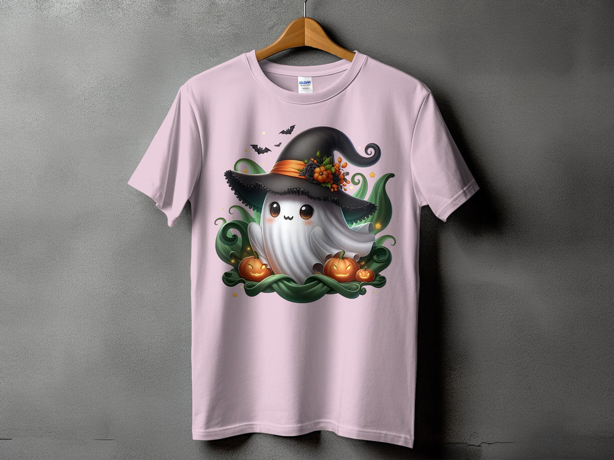 Pink t-shirt with a ghost wearing a witch hat, surrounded by pumpkins and bats.