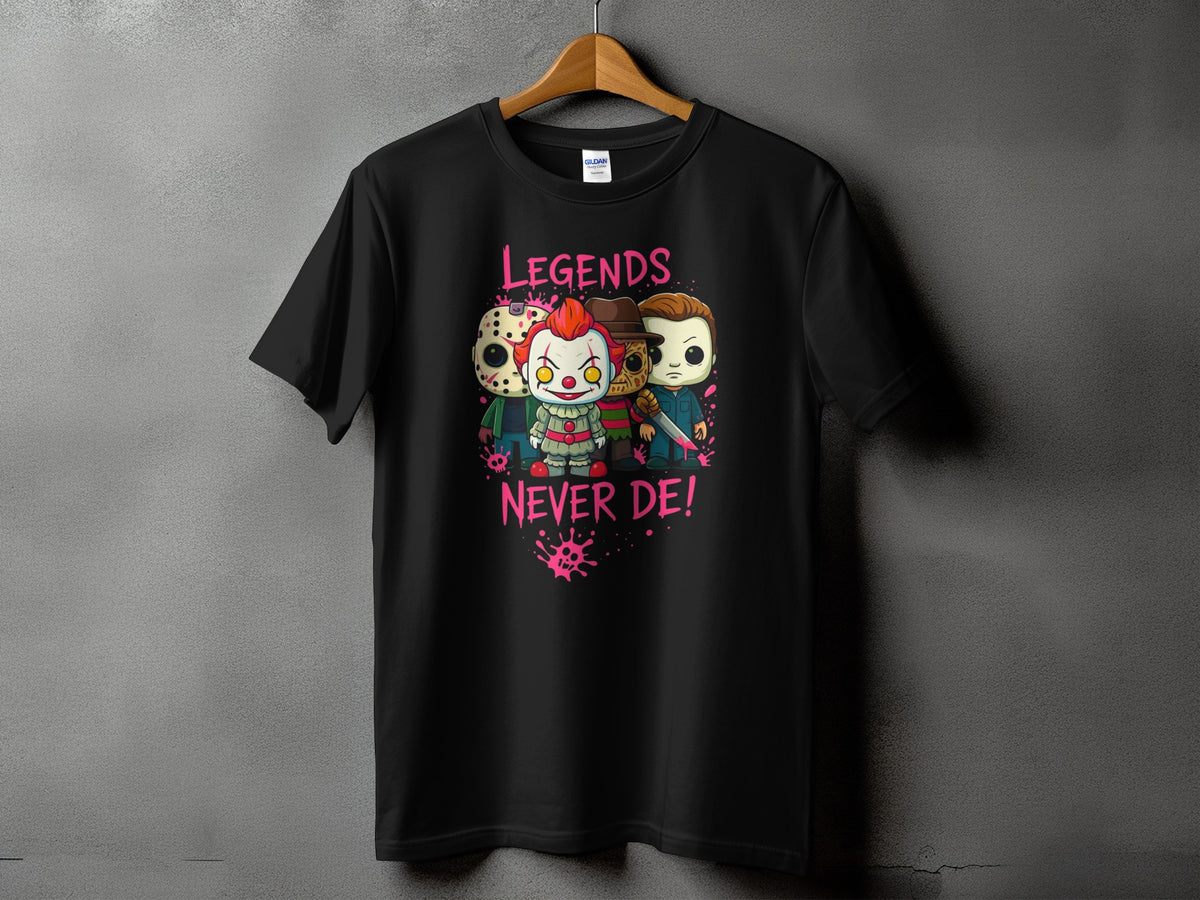 Black t-shirt with chibi horror characters and "Legends Never Die!" text.