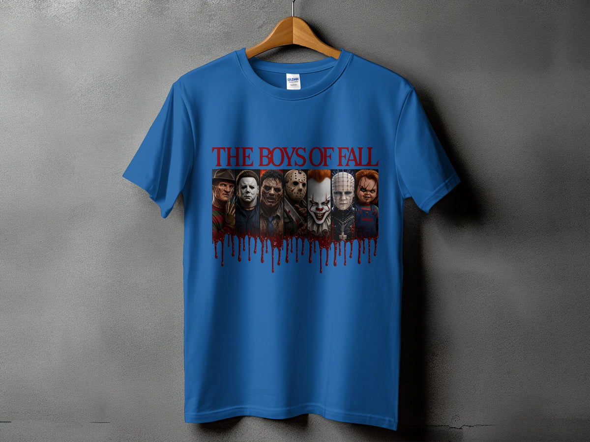 Blue t-shirt with "The Boys of Fall" text and horror characters.