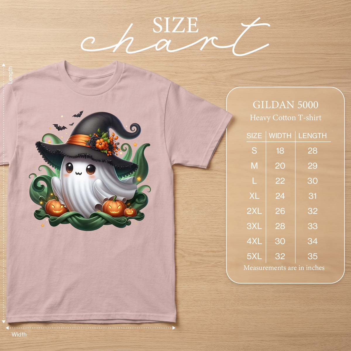 Pink t-shirt with a cute ghost wearing a witch hat and size chart.