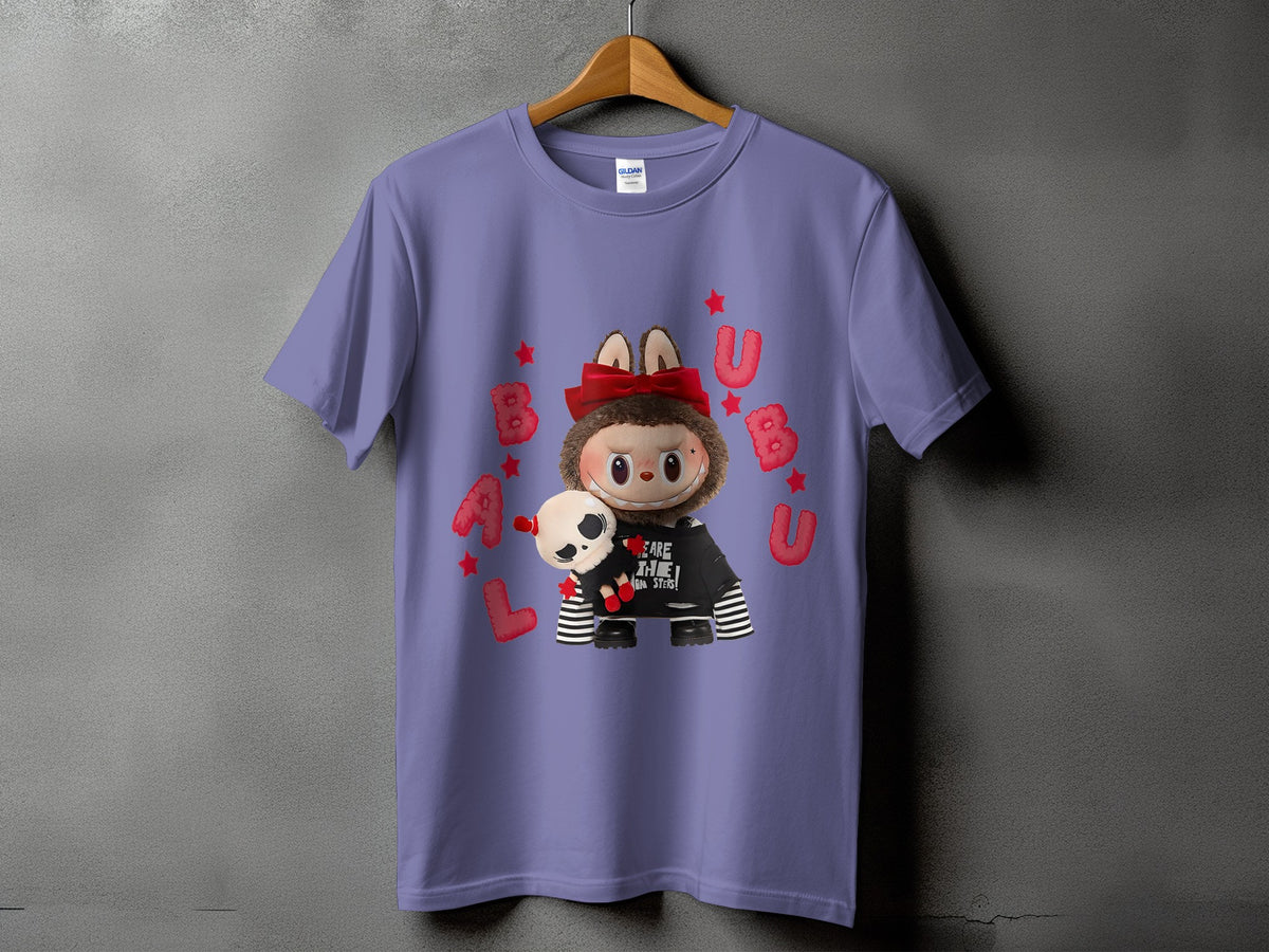 Purple t-shirt with a cartoon character holding a skull plushie and "BUBBU" text.