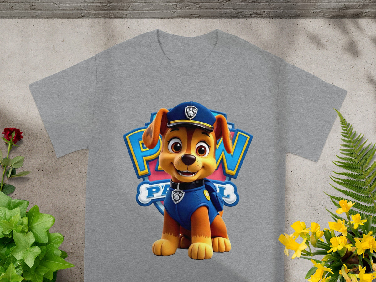 Chase from Paw Patrol on a gray t-shirt with blue logo.