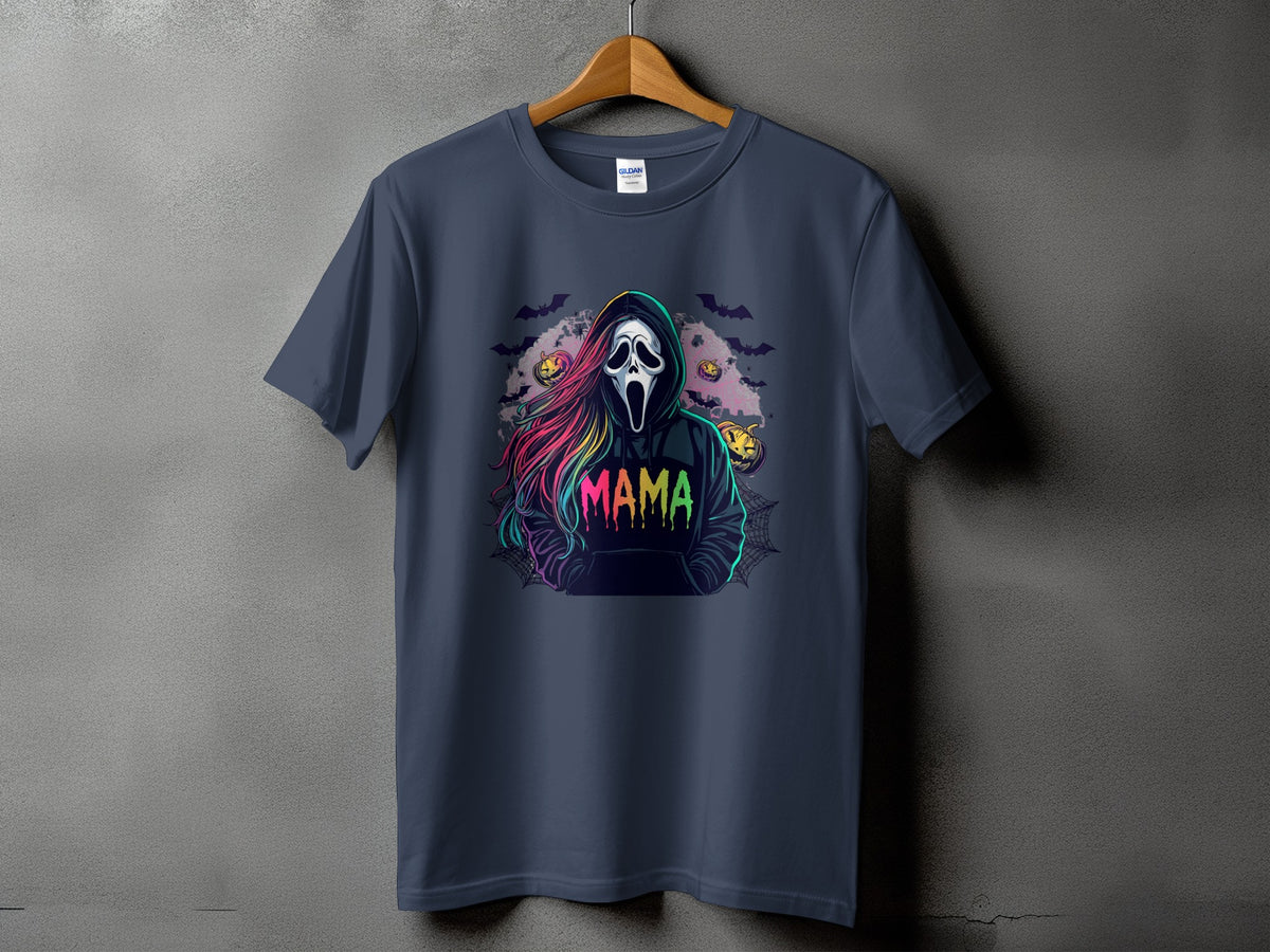 Navy t-shirt with Ghostface mask and "MAMA" text with Halloween theme.