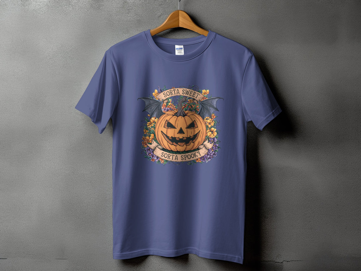 Purple t-shirt with a Halloween graphic featuring a jack-o'-lantern, bat wings, and text.