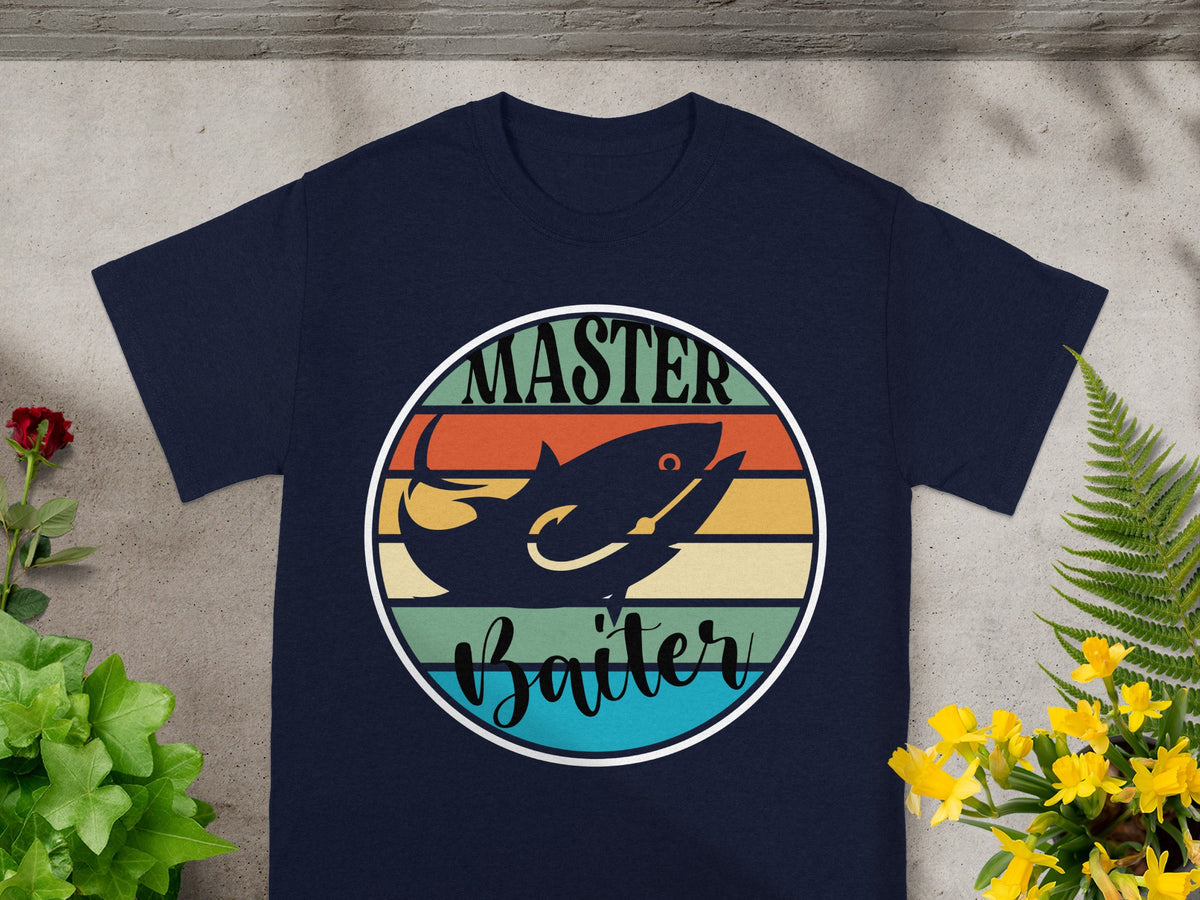 Navy t-shirt with fishing graphic "Master Baiter" in circle.