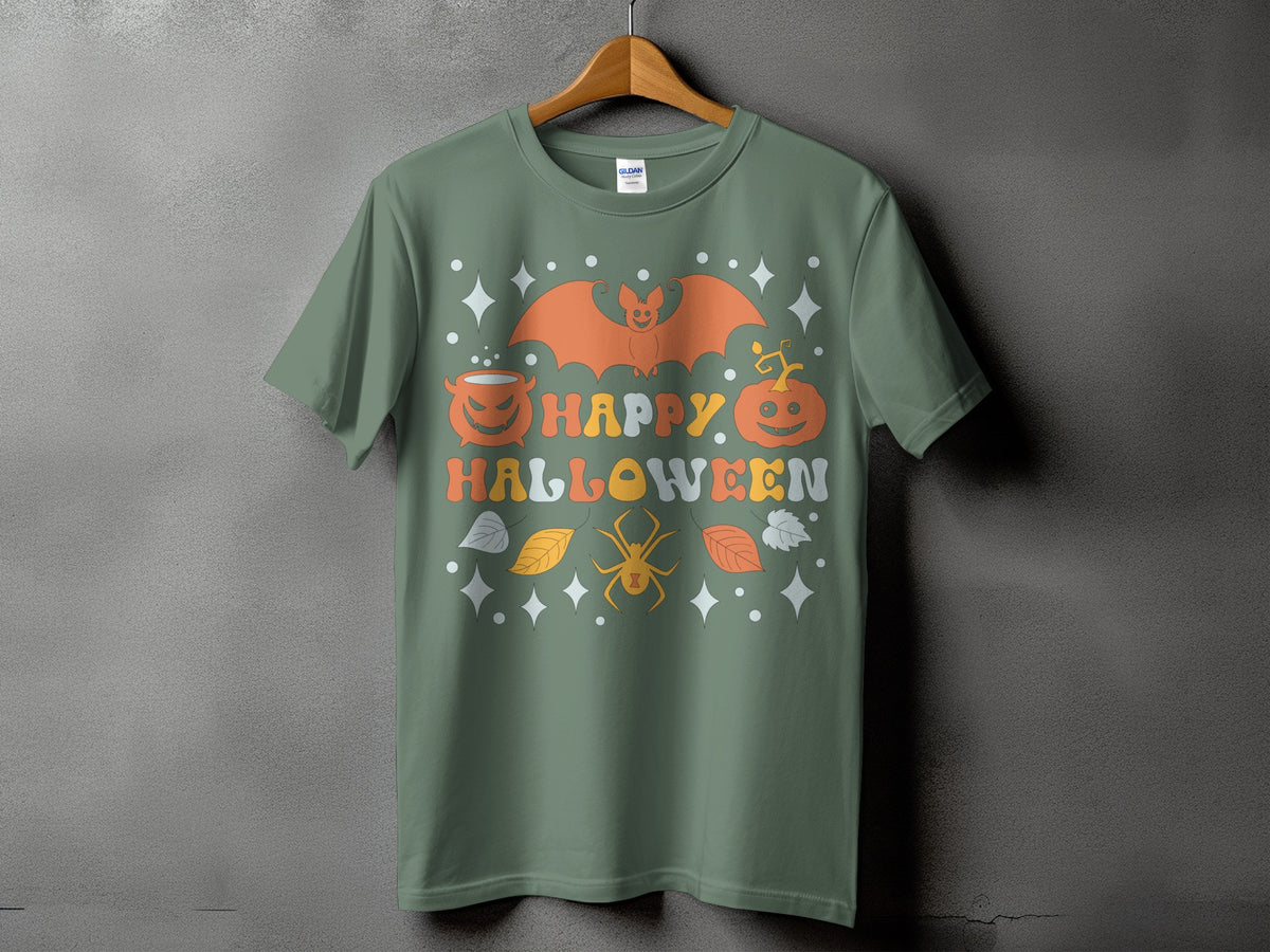 Green t-shirt with "Happy Halloween" text and a retro-style bat and spider graphic.