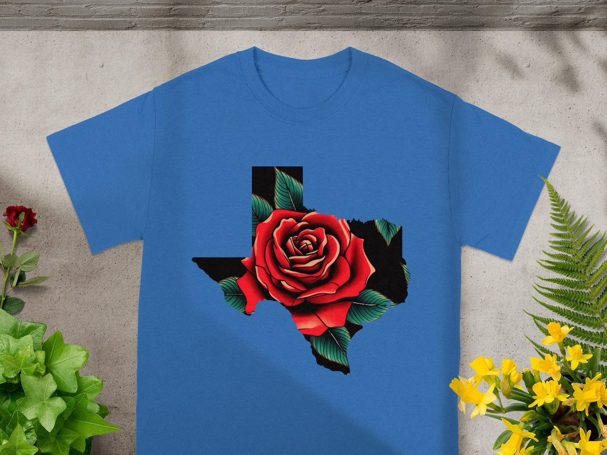 Blue t-shirt with a Texas outline filled with a red rose and green leaves design.