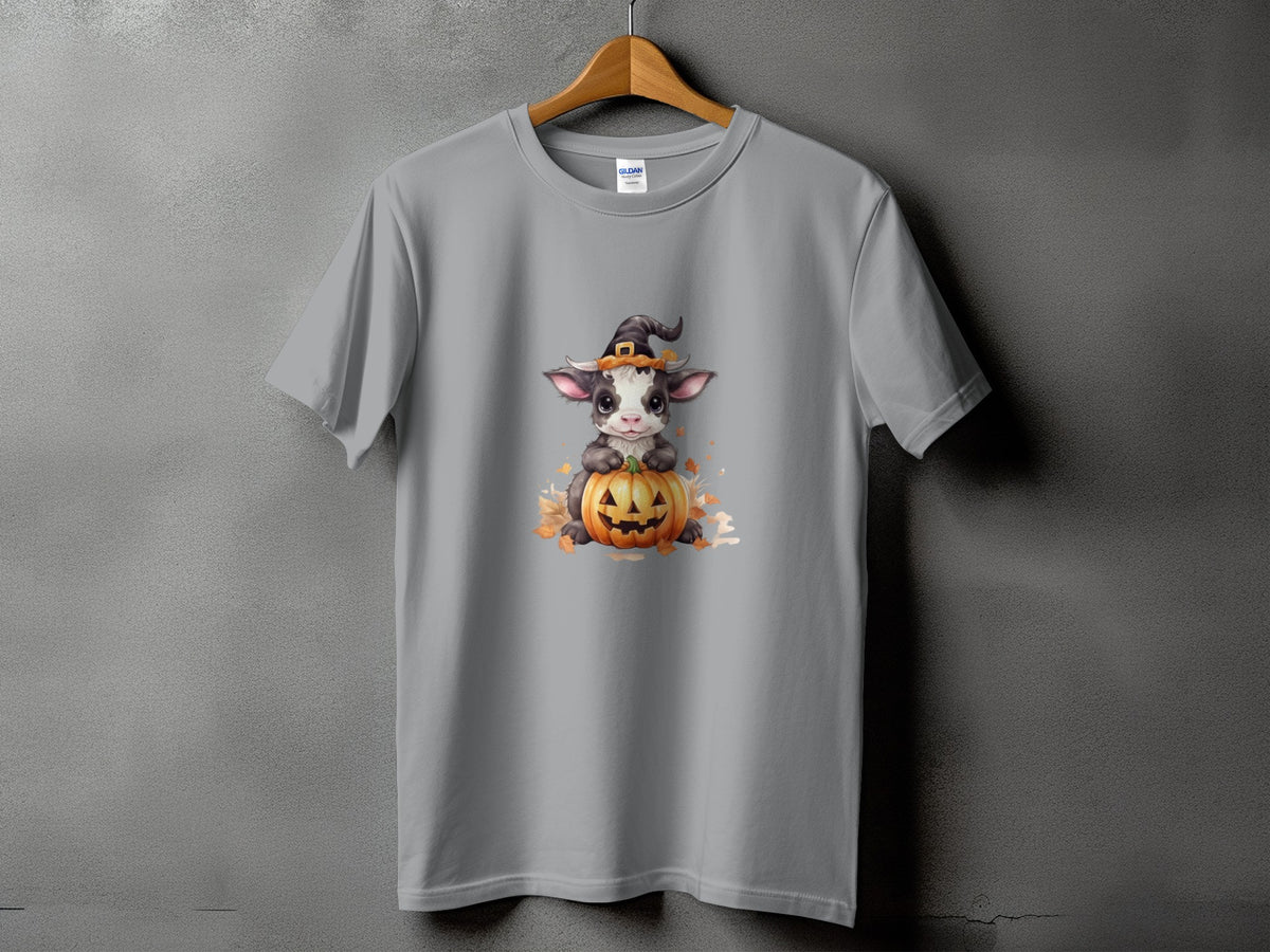 Gray t-shirt with a cute cow wearing a witch hat on a pumpkin.