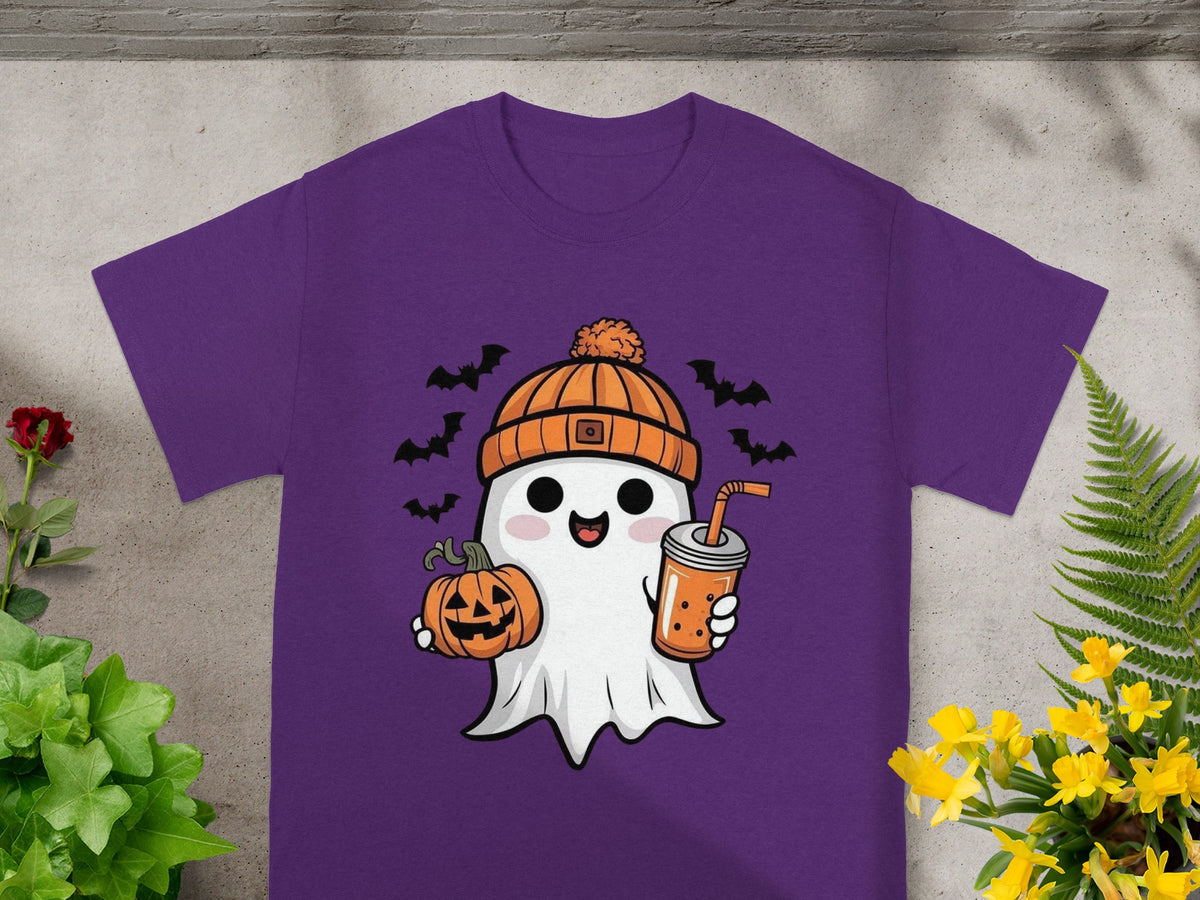 Cute ghost with pumpkin and drink on purple t-shirt, with bats.