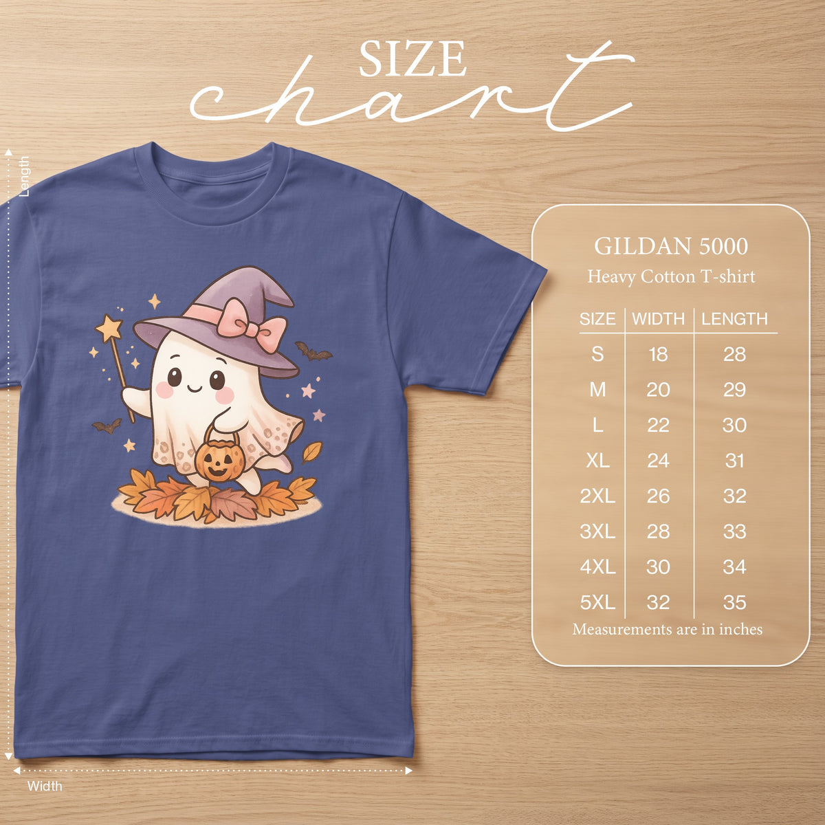 Gildan 5000 Heavy Cotton T-shirt size chart with ghost graphic.
