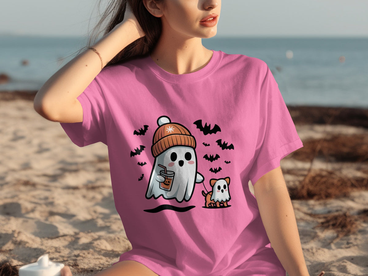 Cute Pink Ghost and Puppy T-shirt for Halloween Fun