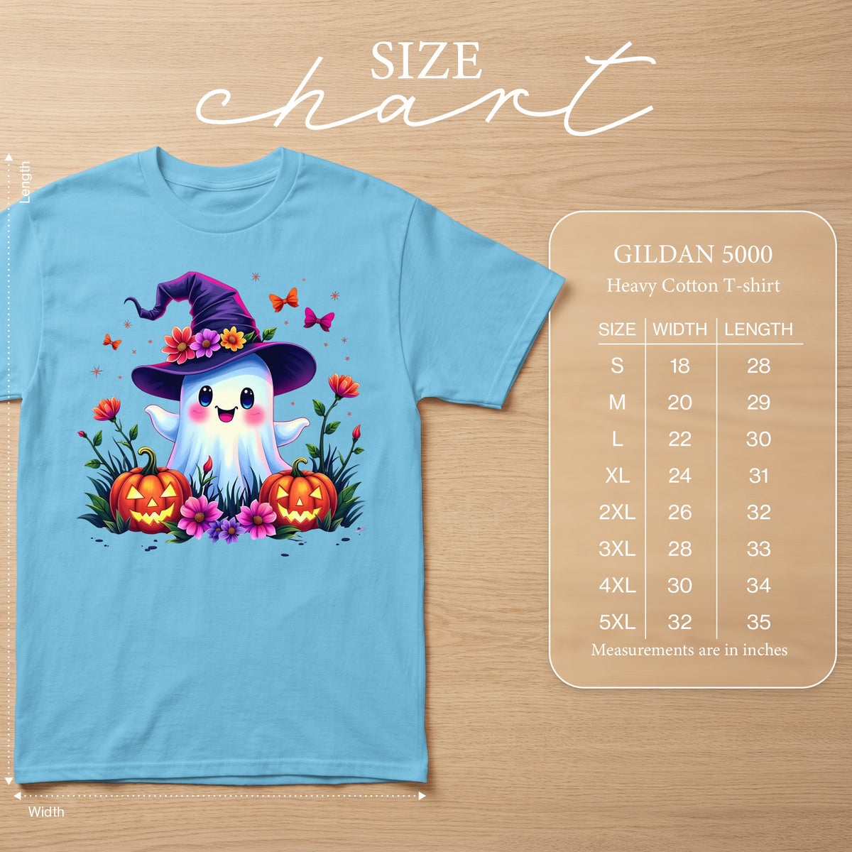 Light blue t-shirt with cute ghost, pumpkins, and flowers graphic; Gildan 5000 size chart.