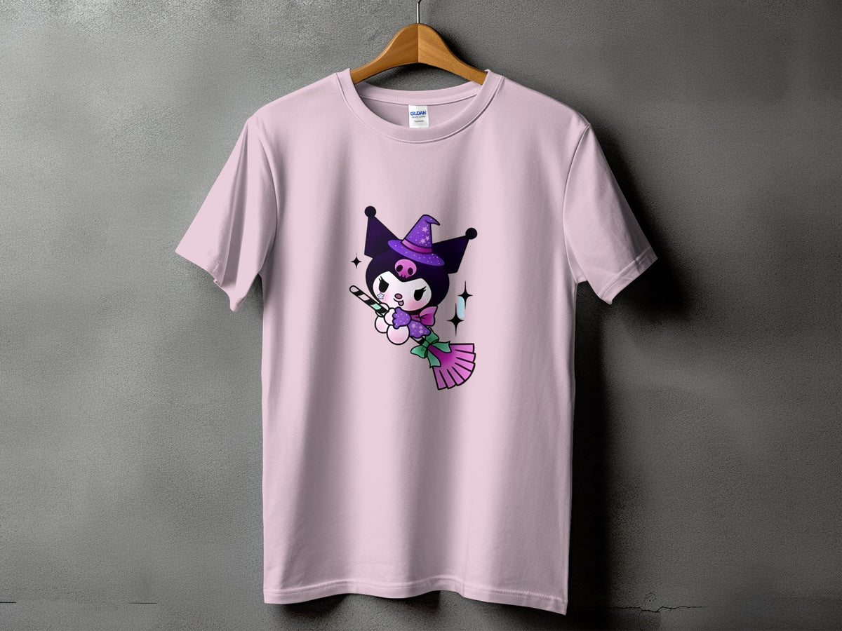 Pink t-shirt with Kuromi character wearing a witch hat holding a candy cane.
