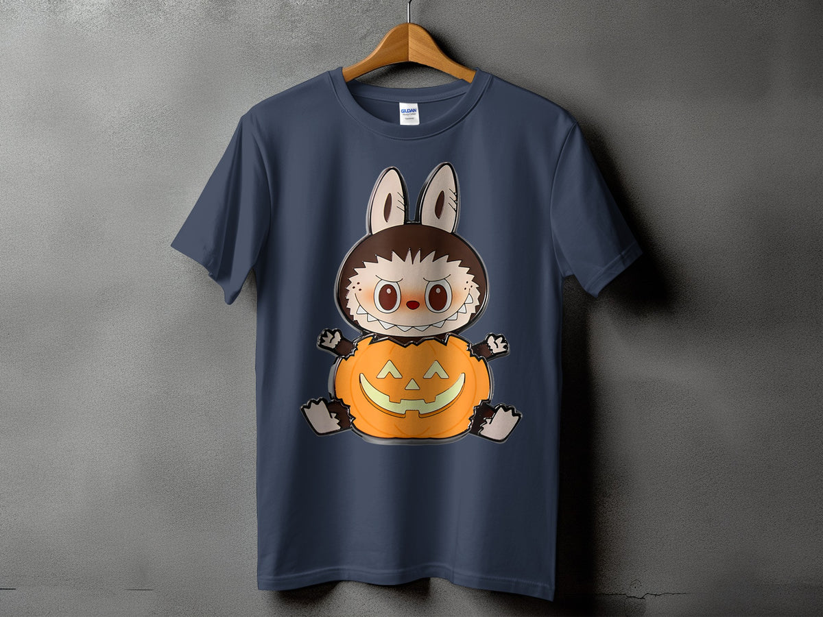 T-shirt with a cartoon character sitting in a jack-o'-lantern.