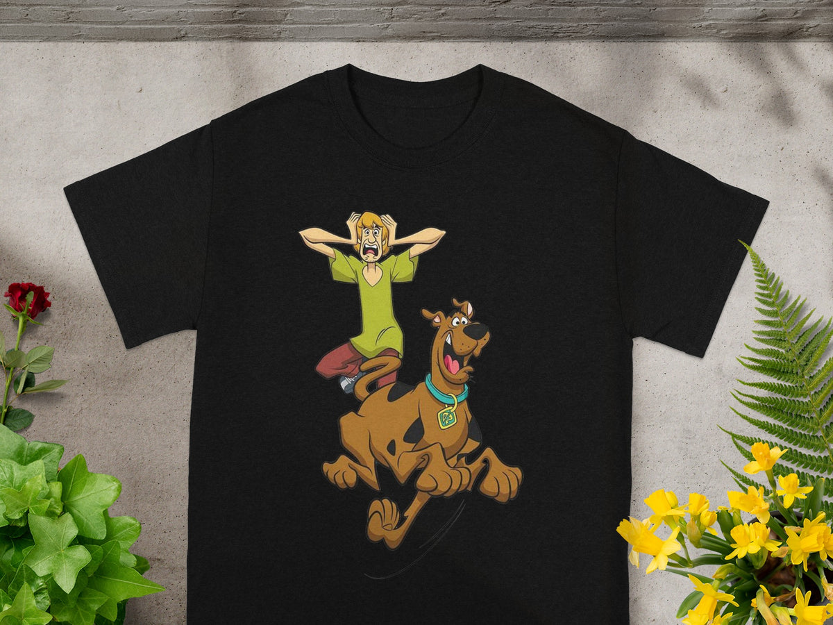 Shaggy and Scooby-Doo jumping in fright on a black t-shirt.