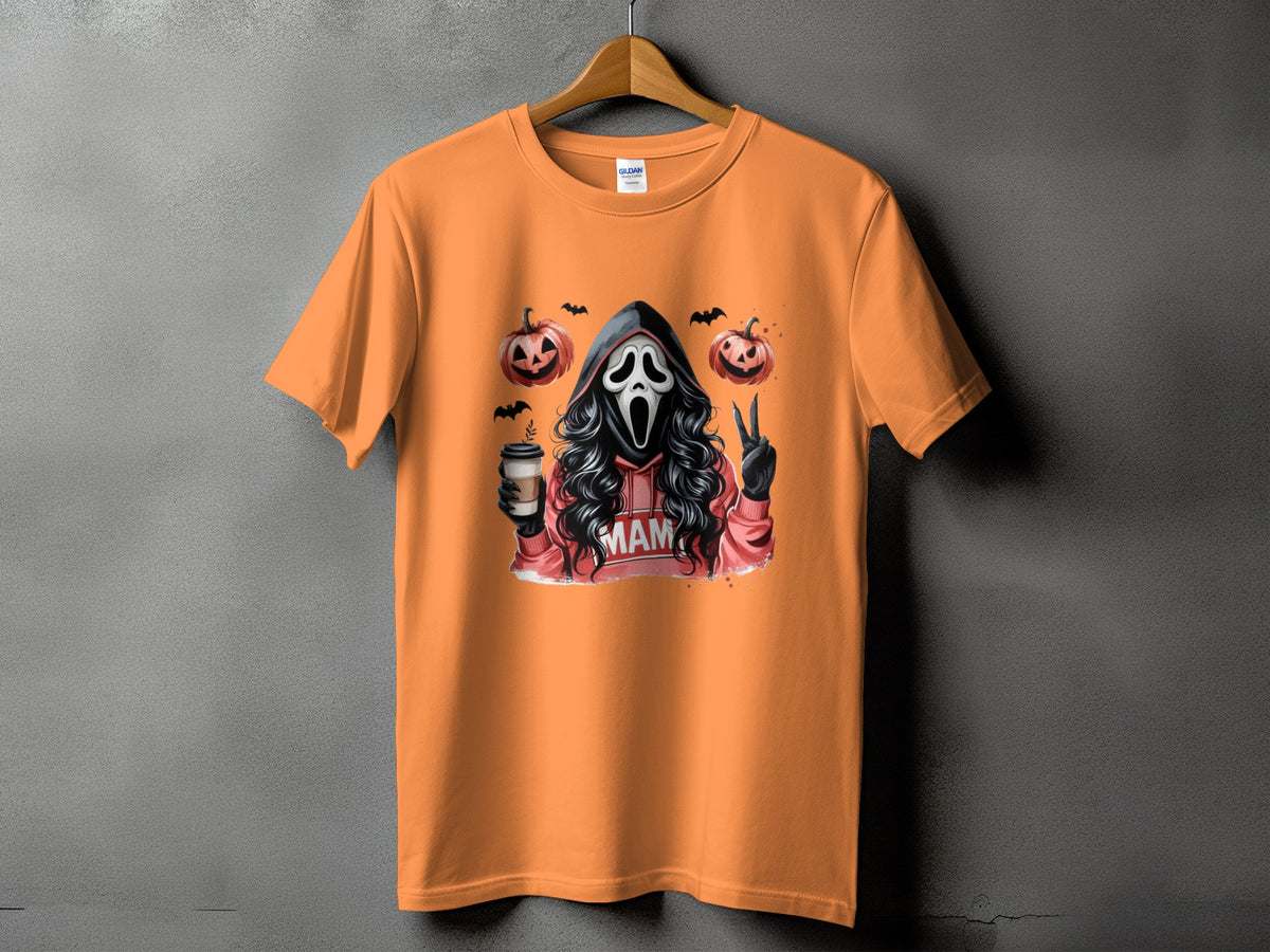 Orange t-shirt with Ghostface, pumpkins, bats, coffee cup, and "MAM" text.