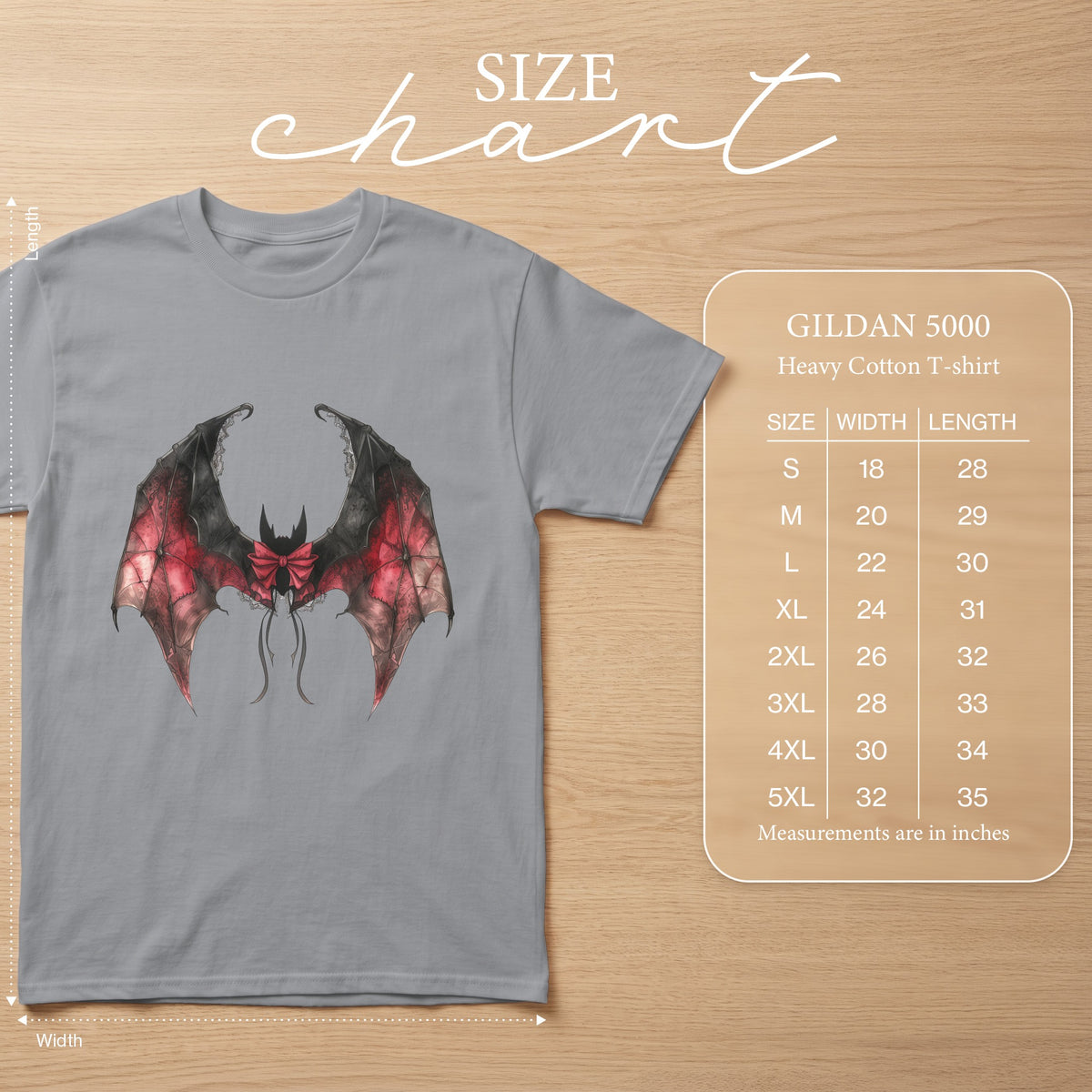 Grey Gildan 5000 t-shirt with bat graphic and size chart.
