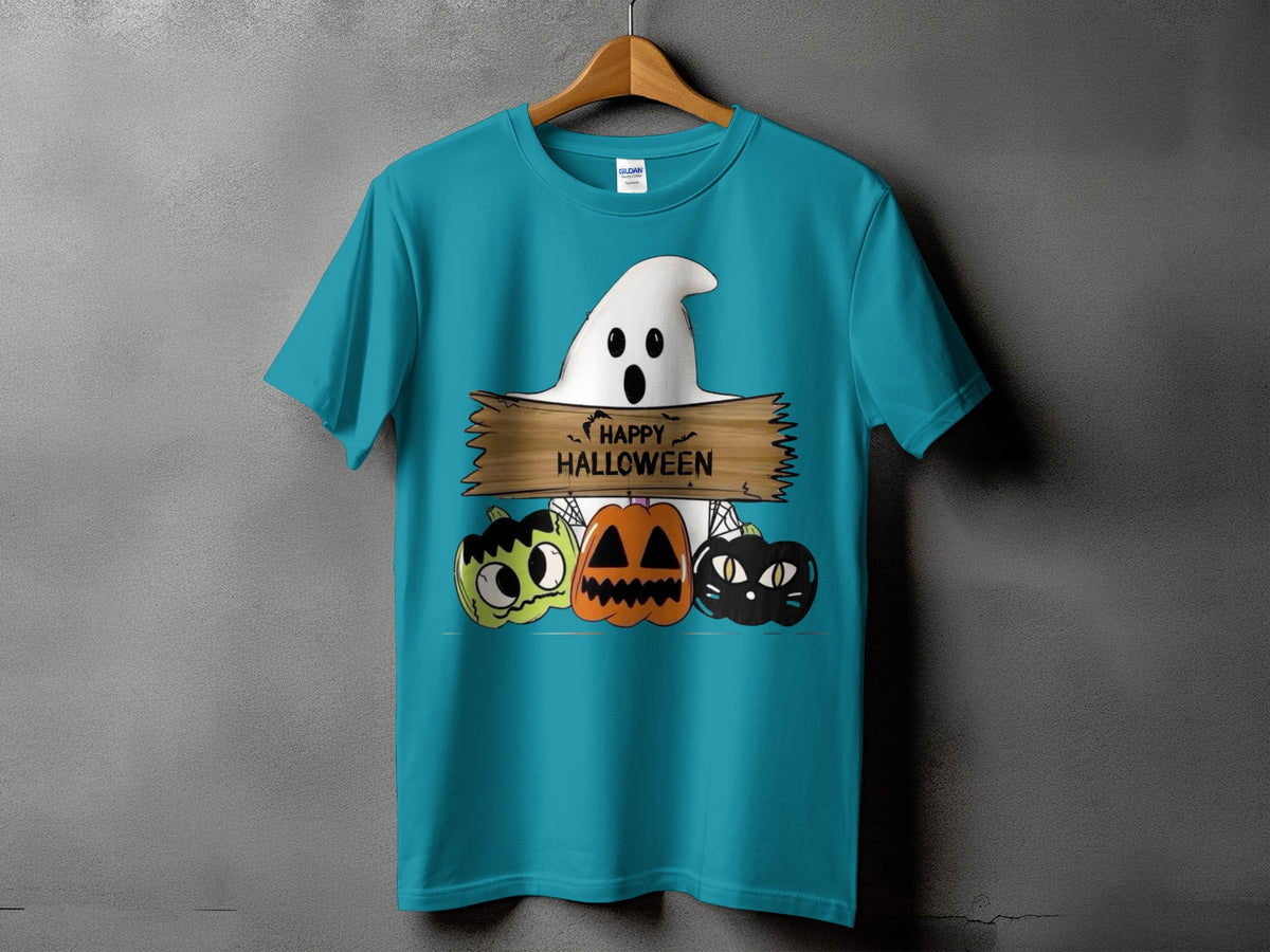 Teal t-shirt with a ghost, pumpkins, and "Happy Halloween" text graphic.