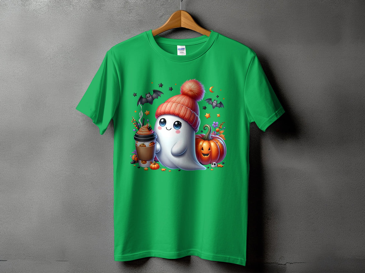 Green t-shirt with a cute ghost wearing a beanie, holding coffee, with pumpkins and bats.