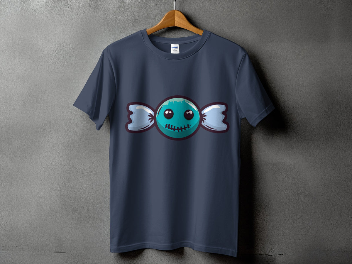Dark grey t-shirt with a teal candy graphic featuring stitched details and white wrappers.
