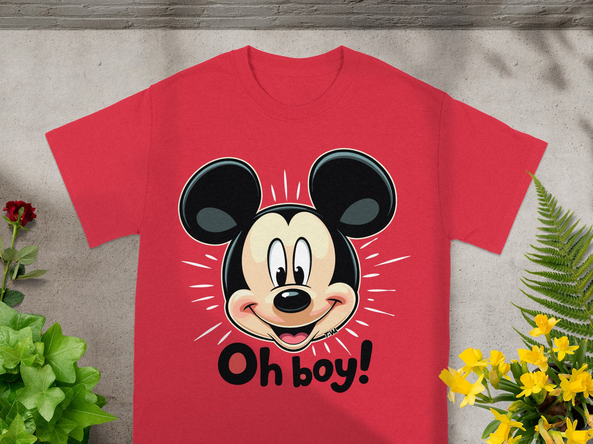 Red t-shirt with Mickey Mouse head graphic and "Oh boy!" text.