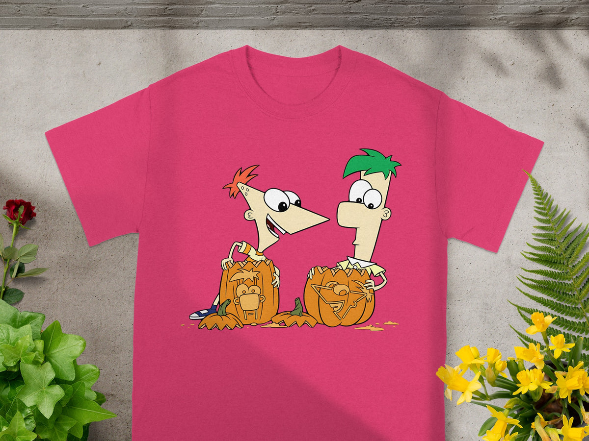 Phineas and Ferb carved pumpkins on a bright pink t-shirt.