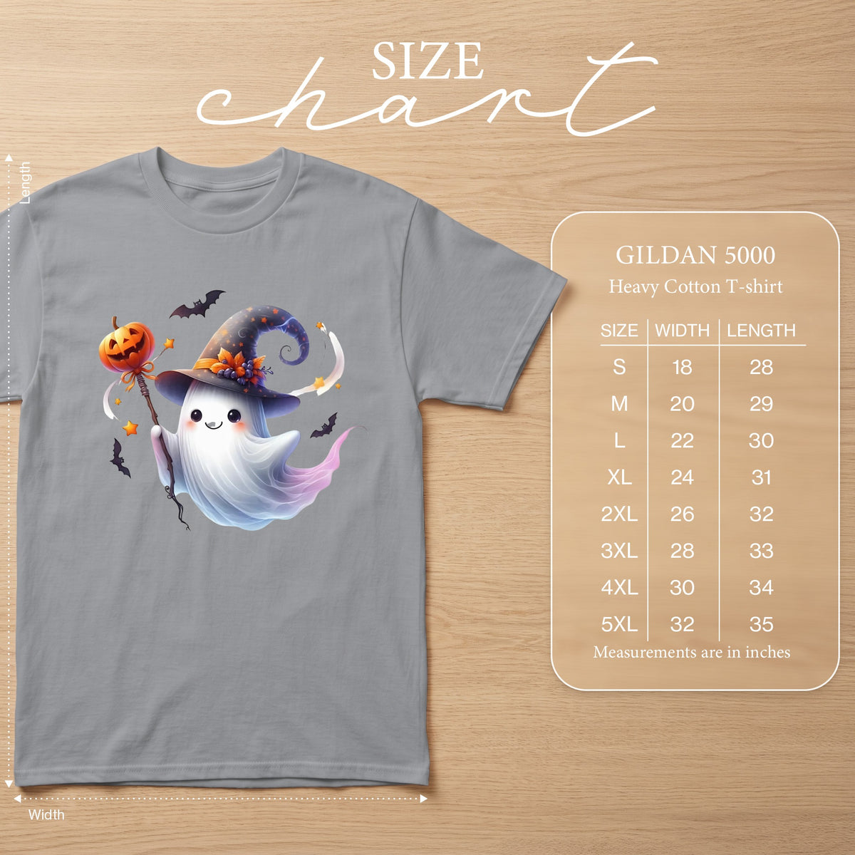 Gildan 5000 heavy cotton t-shirt with ghost and pumpkin graphic. Size chart included.