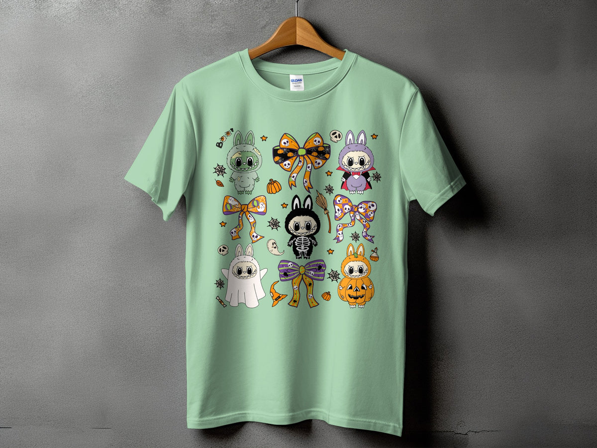 Mint t-shirt with a repeating pattern of cute Halloween characters and bows.