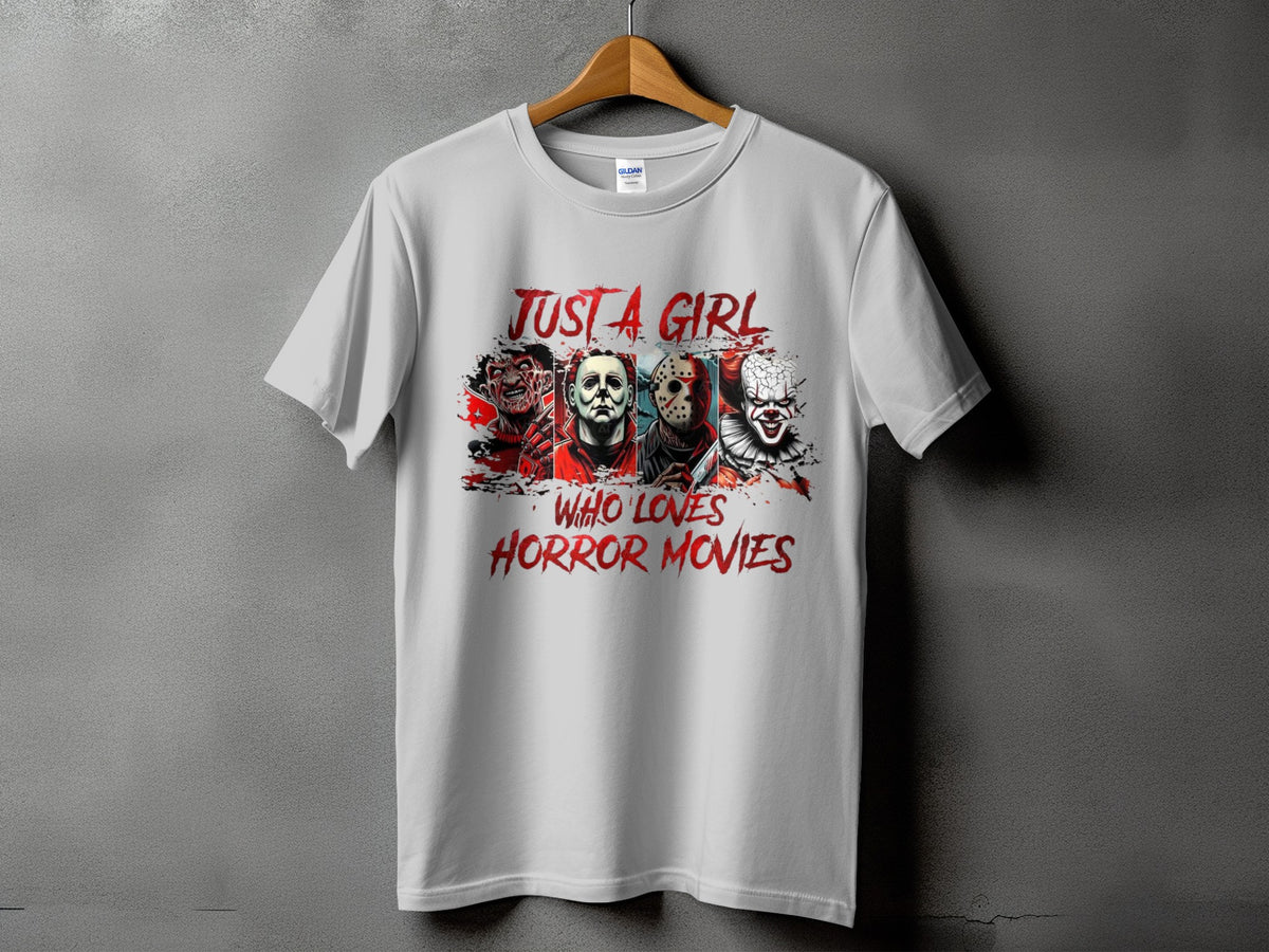 White t-shirt with "Just a girl who loves horror movies" and horror villains.