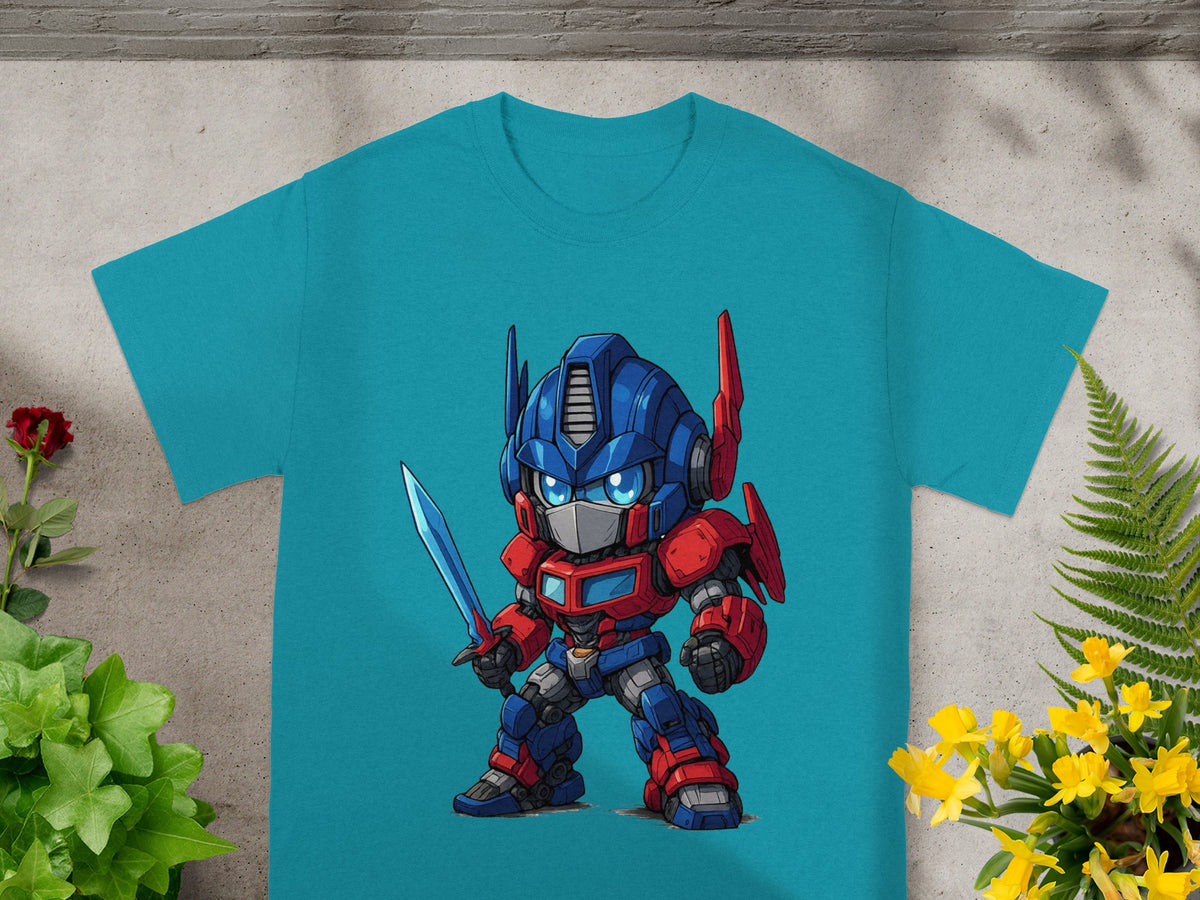 Chibi Optimus Prime holding a sword on a teal t-shirt.