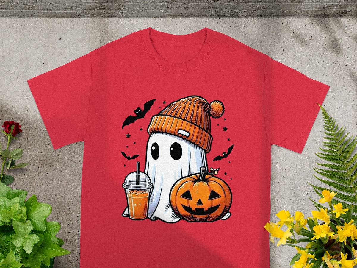 Red t-shirt with a cartoon ghost, pumpkin, drink, and bats for Halloween.