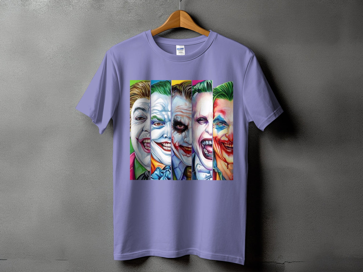 Purple t-shirt with artwork of five different Joker faces in vertical panels.