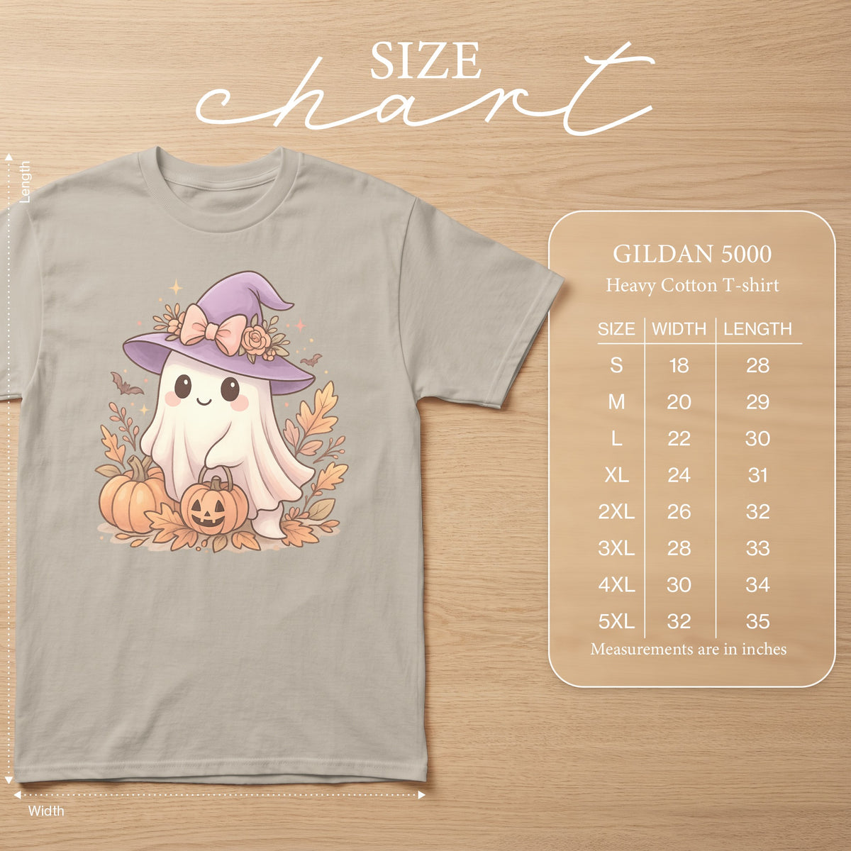 Gildan 5000 heavy cotton t-shirt size chart with cute ghost and pumpkins graphic.