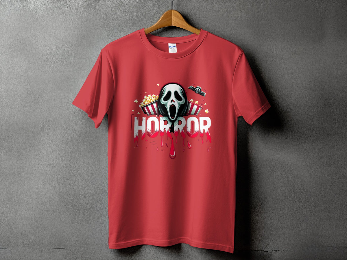 Red t-shirt with "HORROR" text, ghost mask, popcorn, and camera graphic.