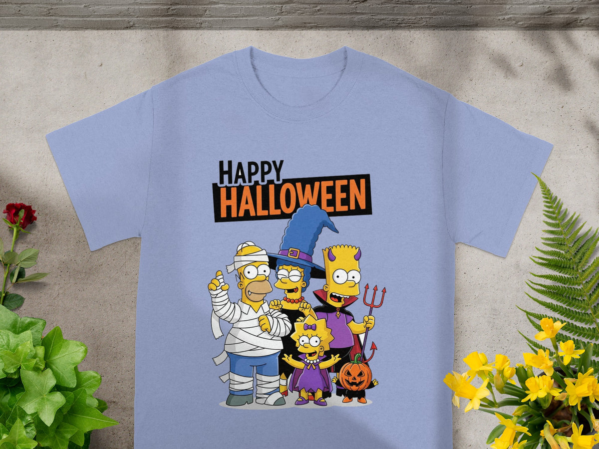 The Simpsons characters in Halloween costumes with text Happy Halloween.