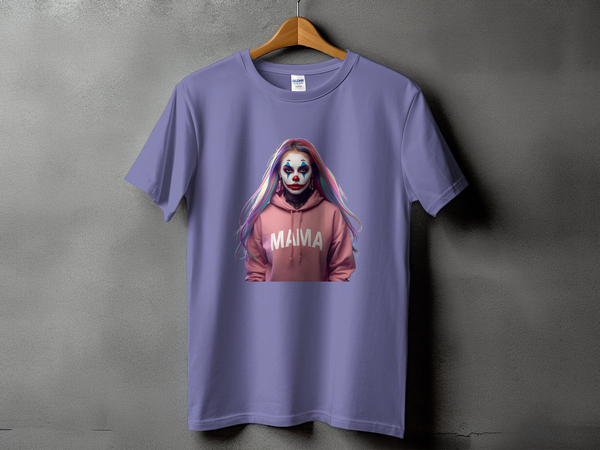 Purple t-shirt with a clown-like portrait and the word "MAMA" in white text.