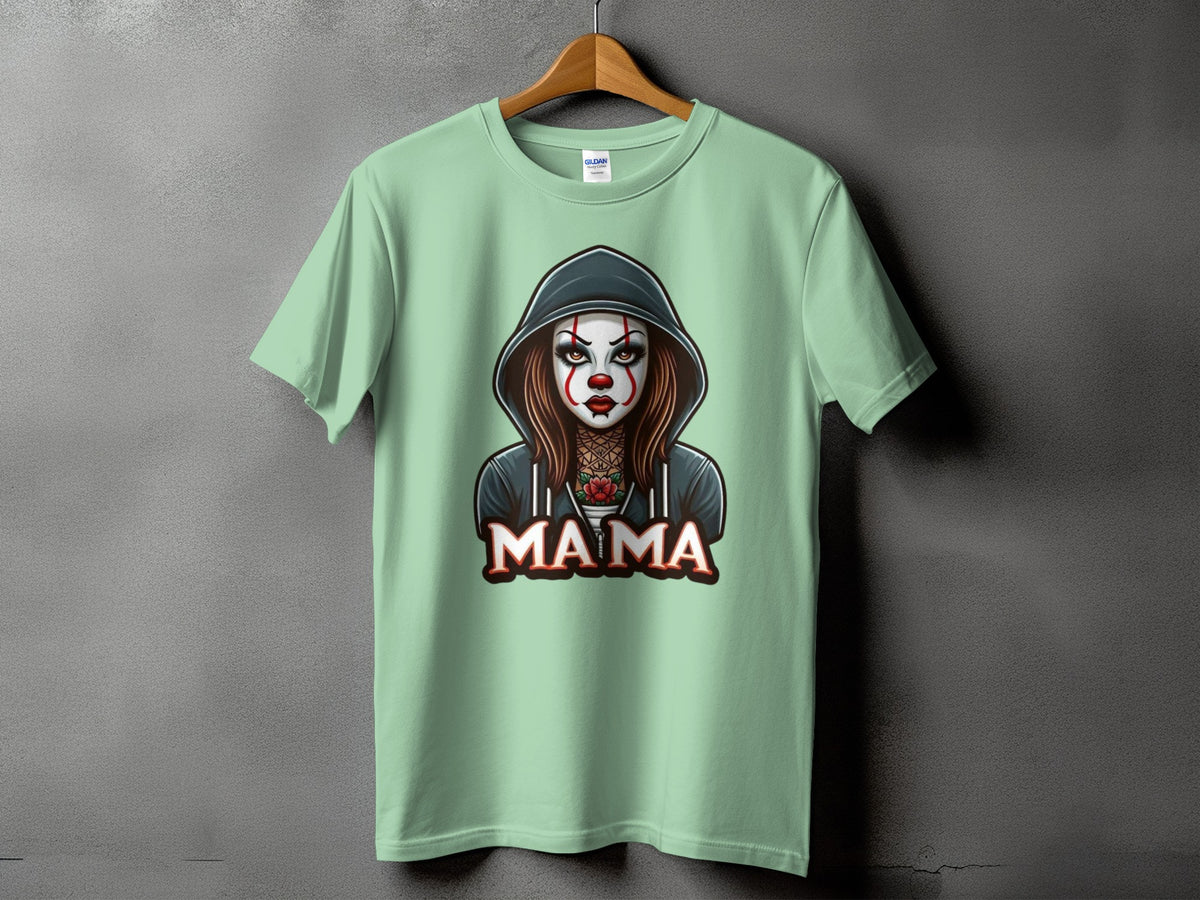 Light green t-shirt with a graphic of a clown-like woman and the word "MAMA".