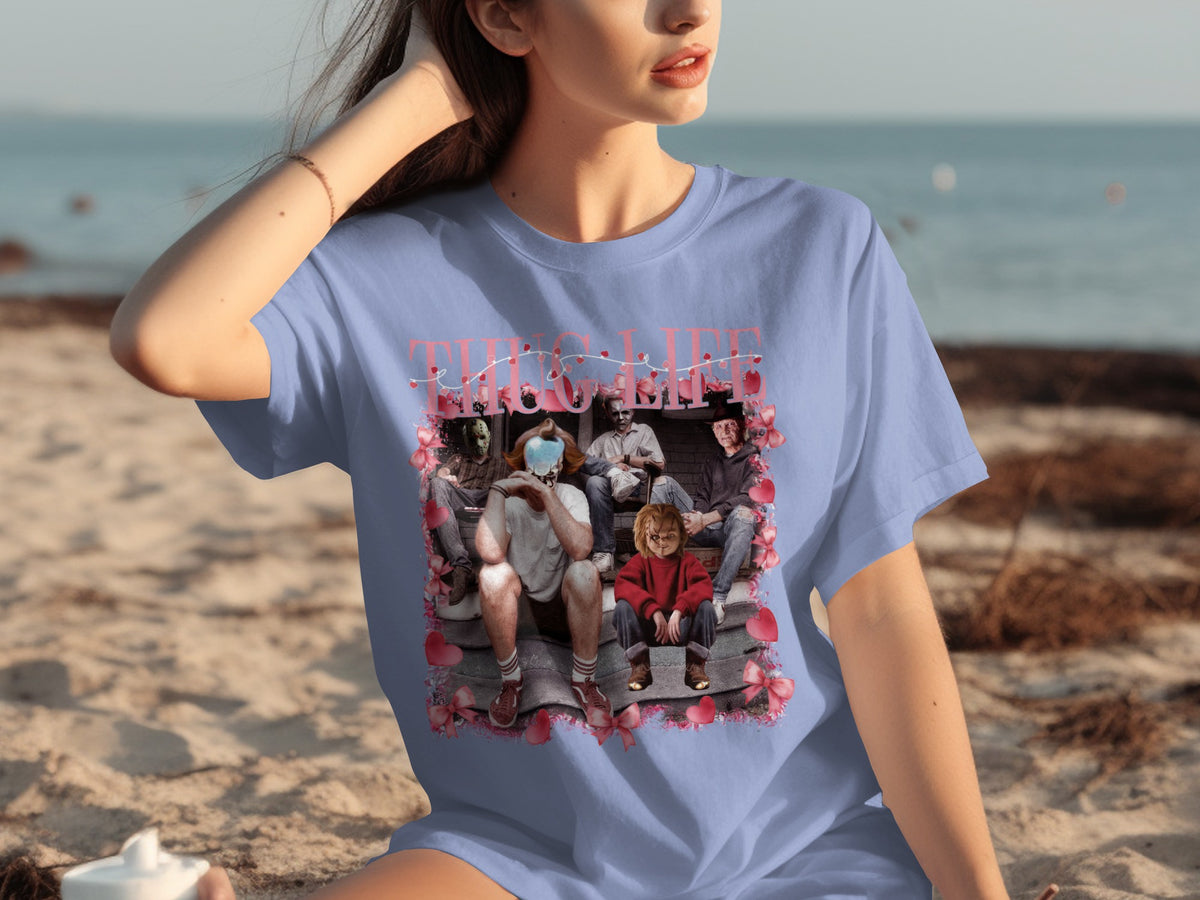 Thug Life Graphic Tee Crew Sitting On Stairs Shirt