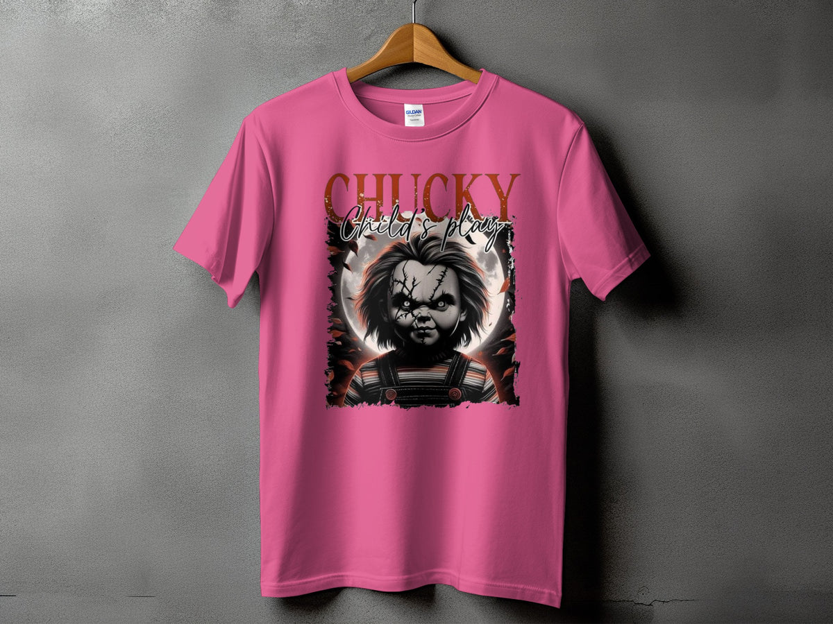 Pink t-shirt with Chucky Child's Play graphic and text.