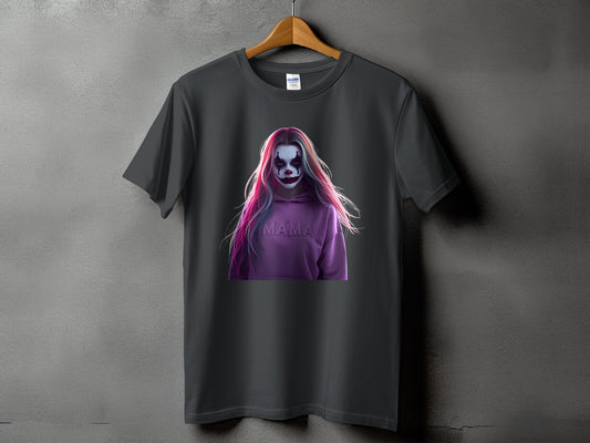 Dark gray t-shirt with a graphic of a woman with clown makeup and pink and blue hair.