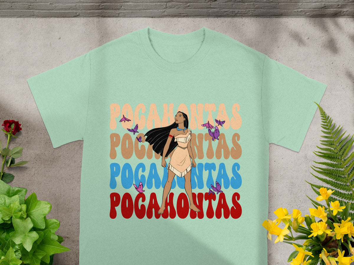 Pocahontas graphic t-shirt with butterflies and colorful text.