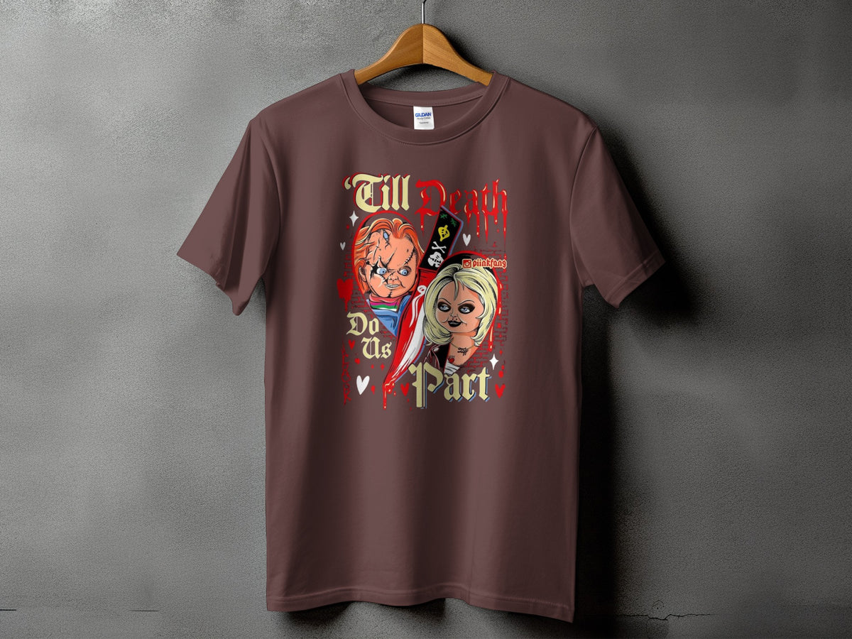 Brown t-shirt with Chucky and Tiffany dolls and text "Till Death Do Us Part".