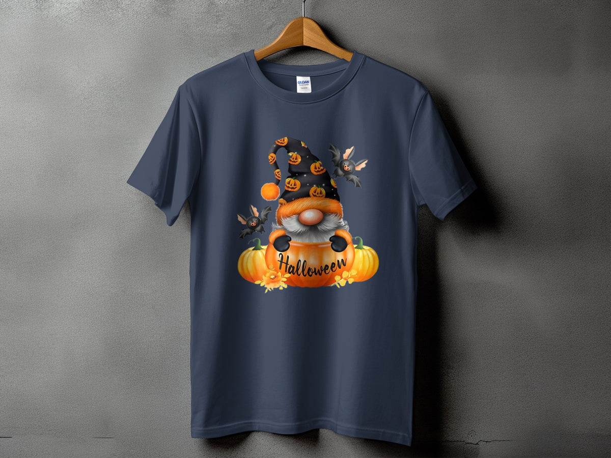 Dark blue t-shirt with Halloween gnome, pumpkins, bats, and "Halloween" text.