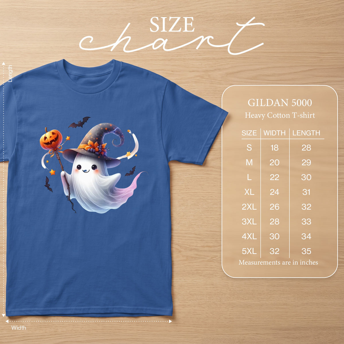 Blue Gildan 5000 Heavy Cotton T-shirt with a cute ghost Halloween graphic.