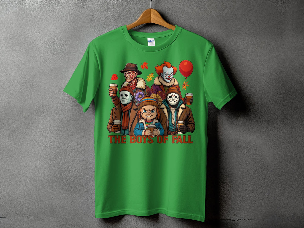 Green t-shirt with horror characters and "The Boys of Fall" text.