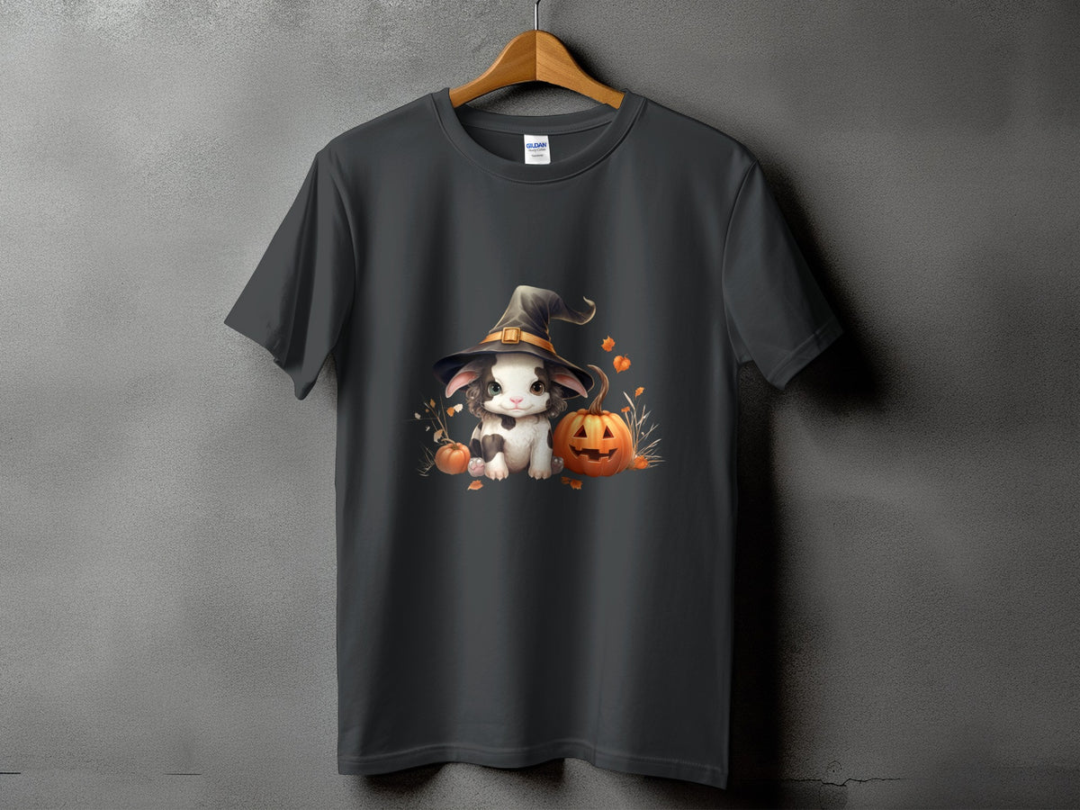 Dark gray t-shirt with a cute bunny in a witch hat and pumpkins graphic.