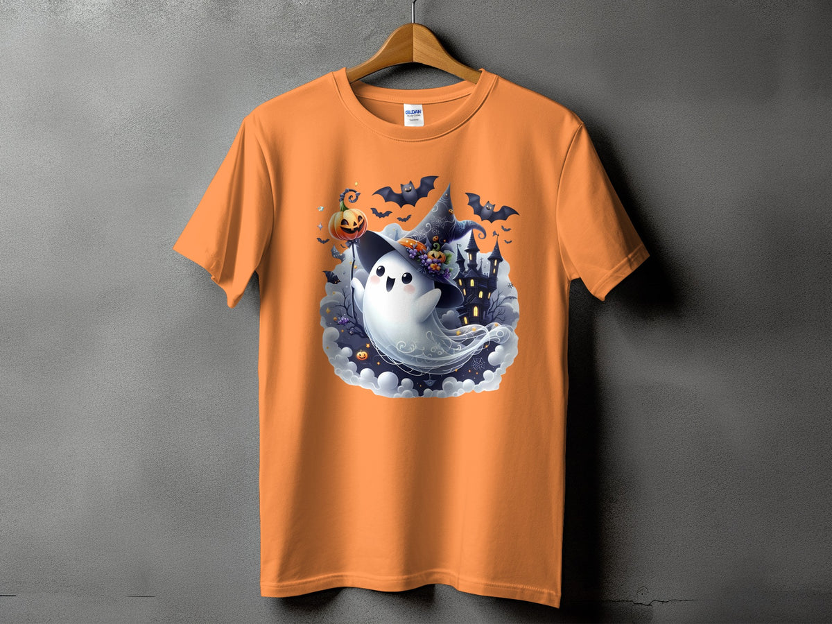 Orange t-shirt with a cartoon ghost, witch hat, pumpkin, bats, and haunted house design.