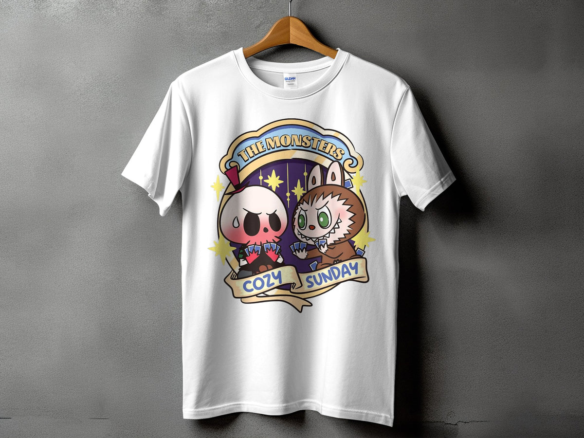 White t-shirt with cartoon skull and monster characters playing cards, reading "The Monsters Cozy Sunday".