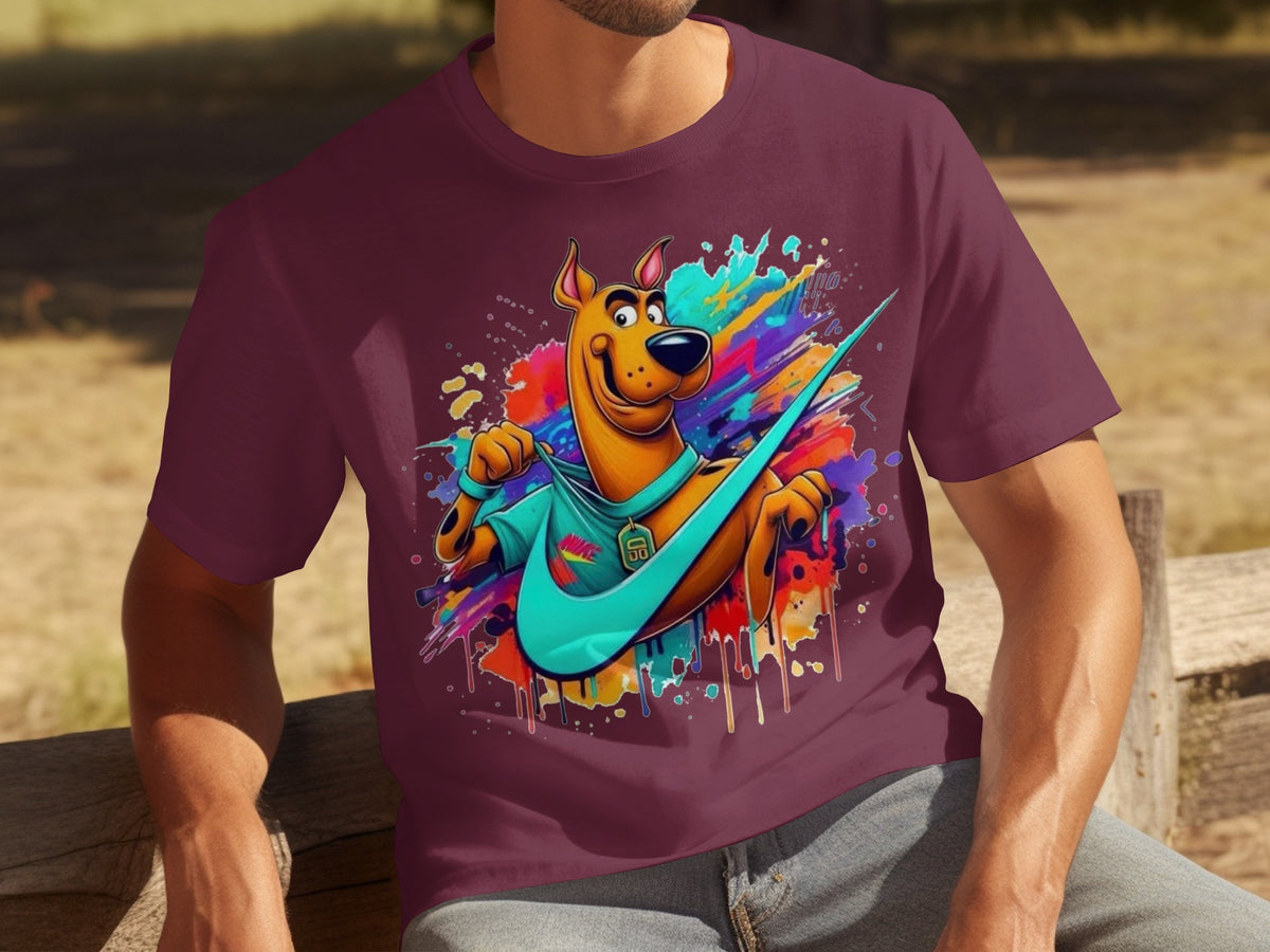 Colorful Cartoon Dog Graphic on Maroon Shirt Product