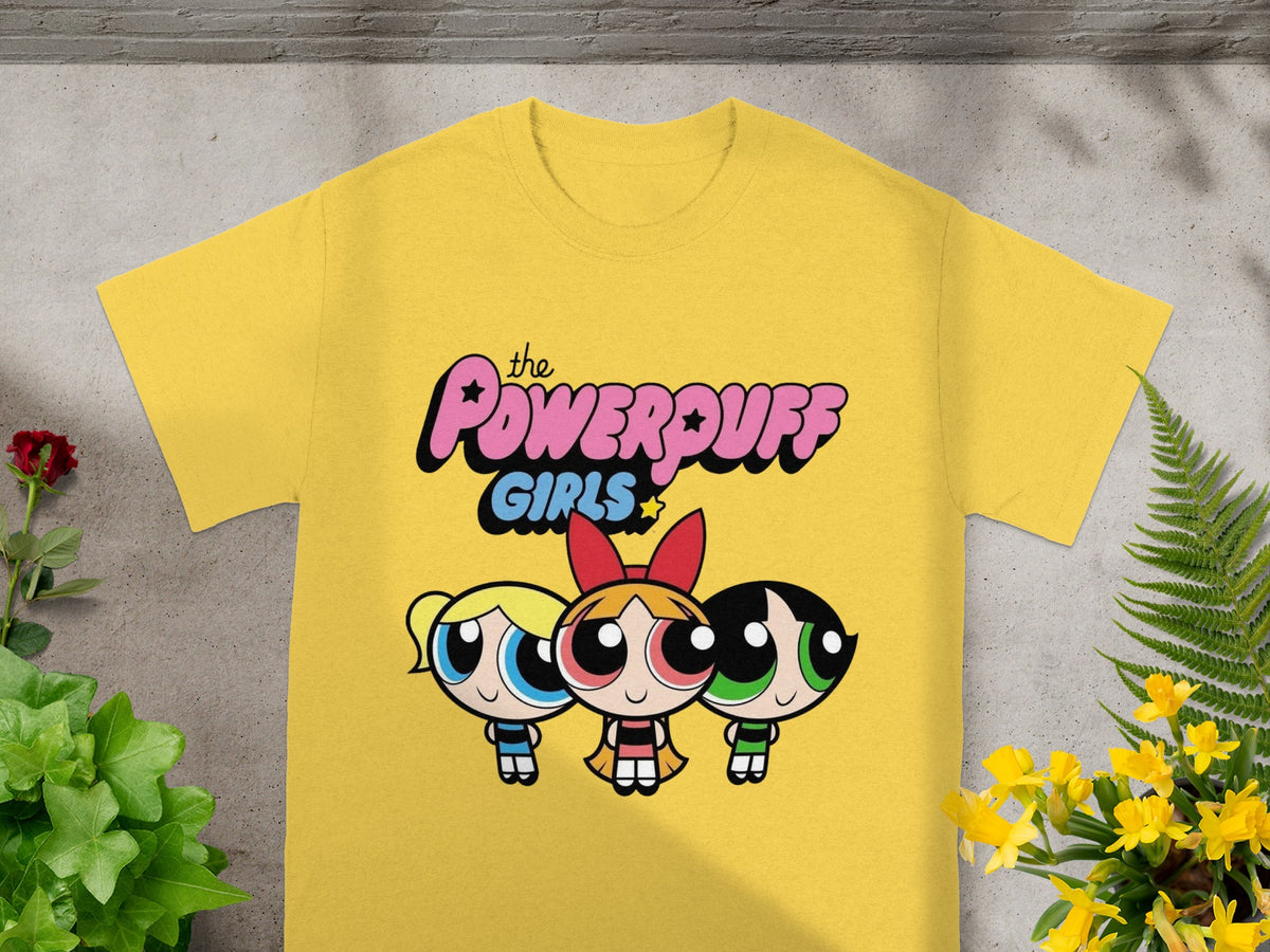Yellow t-shirt with The Powerpuff Girls graphic featuring Blossom, Bubbles, and Buttercup.